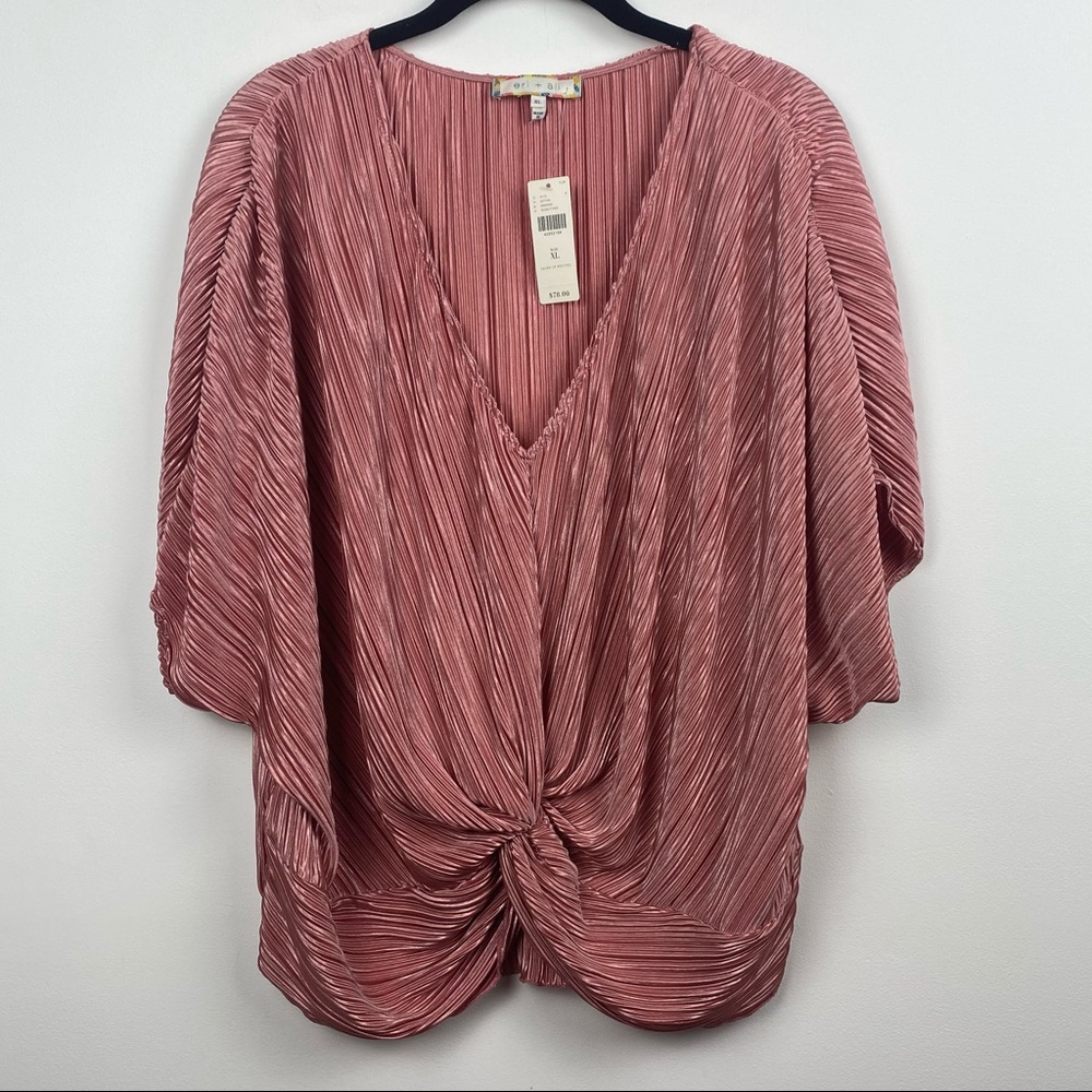 NWT ERI + ALI New Pink Metallic Ribbed Knotted V-Neck Short Sleeve Blouse XL